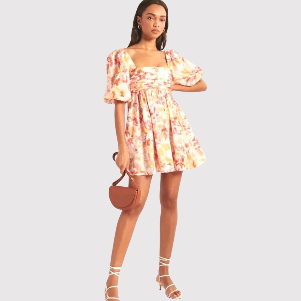 Abercrombie Fitch Mini Dress Beige Emerson Poplin Puffed Boho Medium Petite